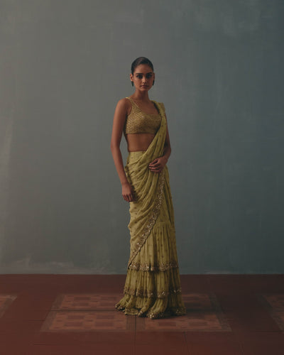 Mint Green & Pani Gold Hand Embroidered Sari Set