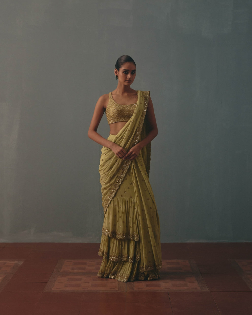 Mint Green & Pani Gold Hand Embroidered Sari Set