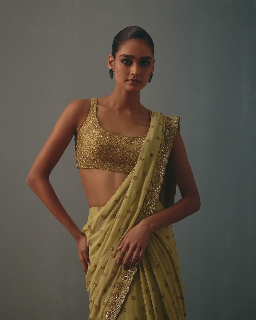 Mint Green & Pani Gold Hand Embroidered Sari Set