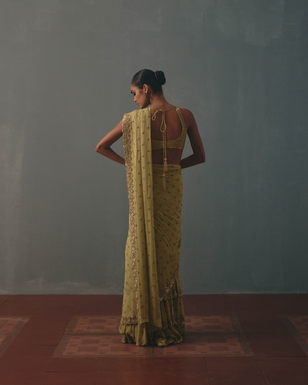 Mint Green & Pani Gold Hand Embroidered Sari Set