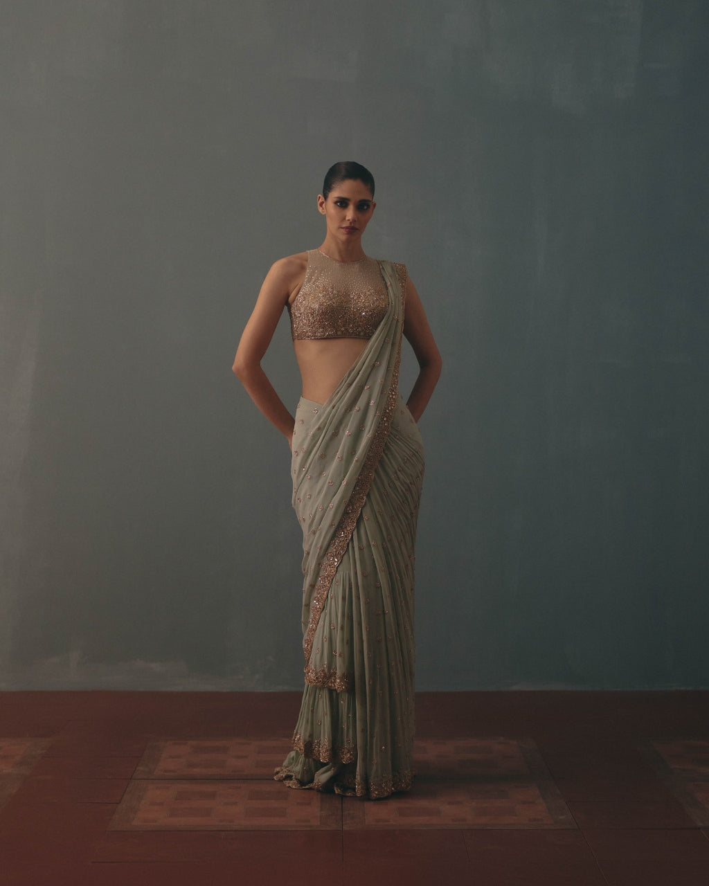 Aqua & Rose Gold Hand Embroidered Sari Set