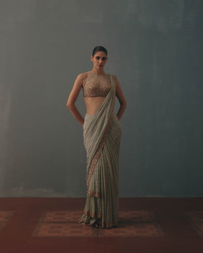 Aqua & Rose Gold Hand Embroidered Sari Set