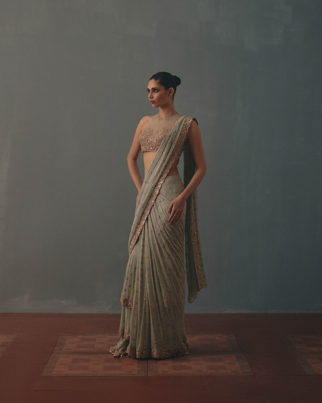 Aqua & Rose Gold Hand Embroidered Sari Set