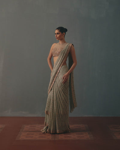 Aqua & Rose Gold Hand Embroidered Sari Set