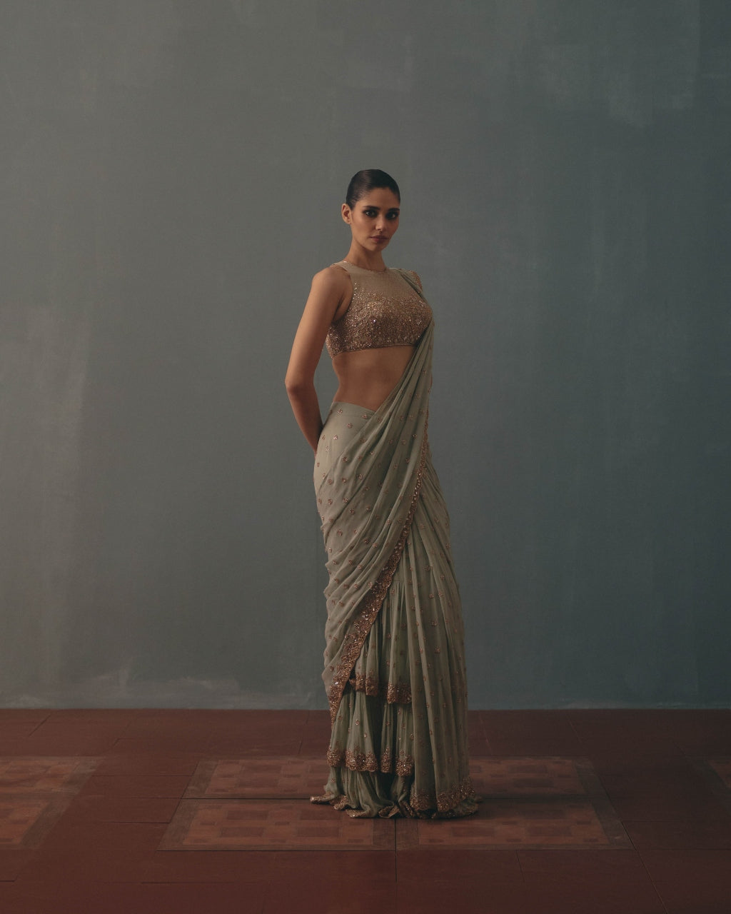 Aqua & Rose Gold Hand Embroidered Sari Set