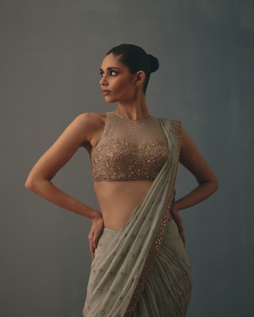 Aqua & Rose Gold Hand Embroidered Sari Set