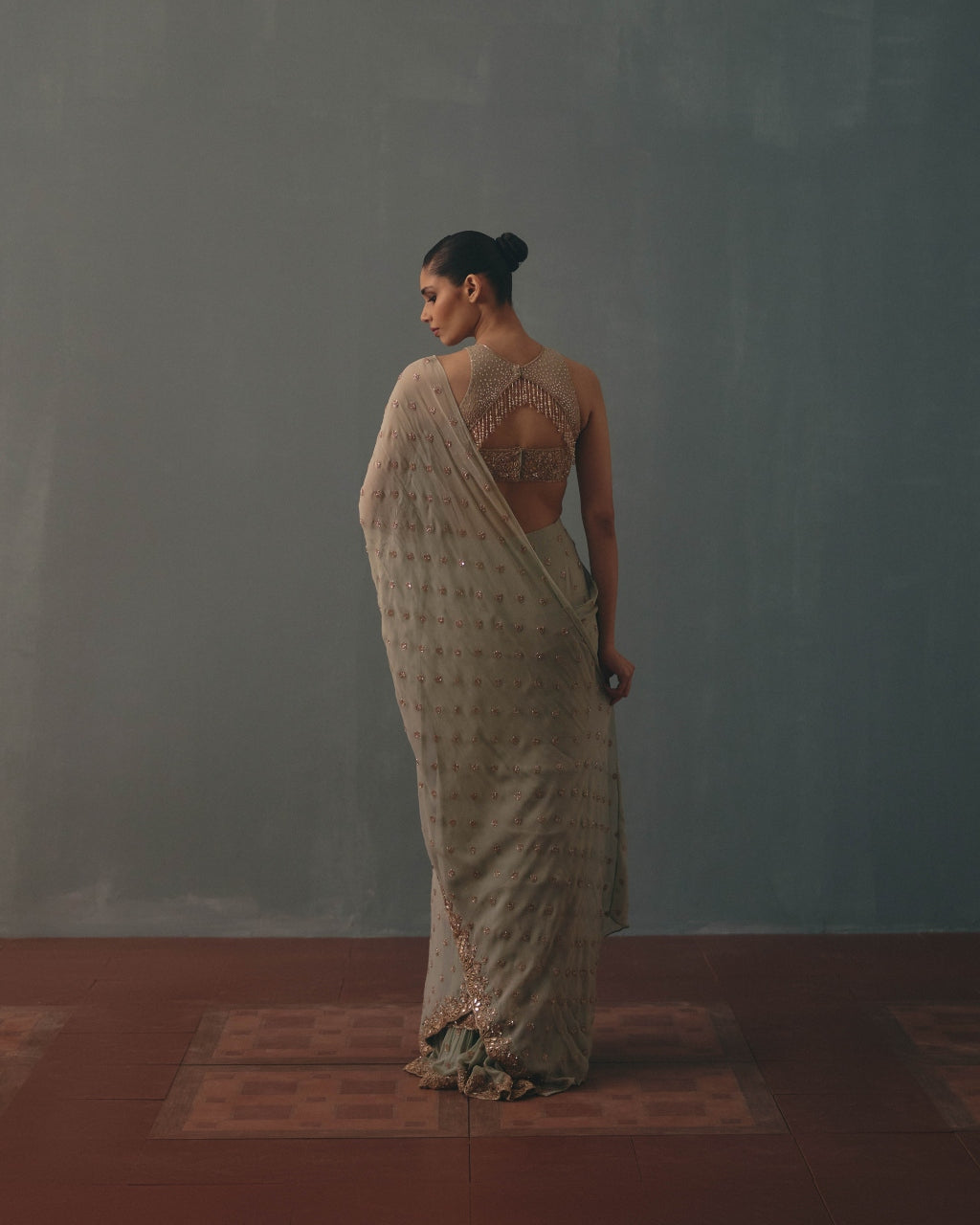 Aqua & Rose Gold Hand Embroidered Sari Set