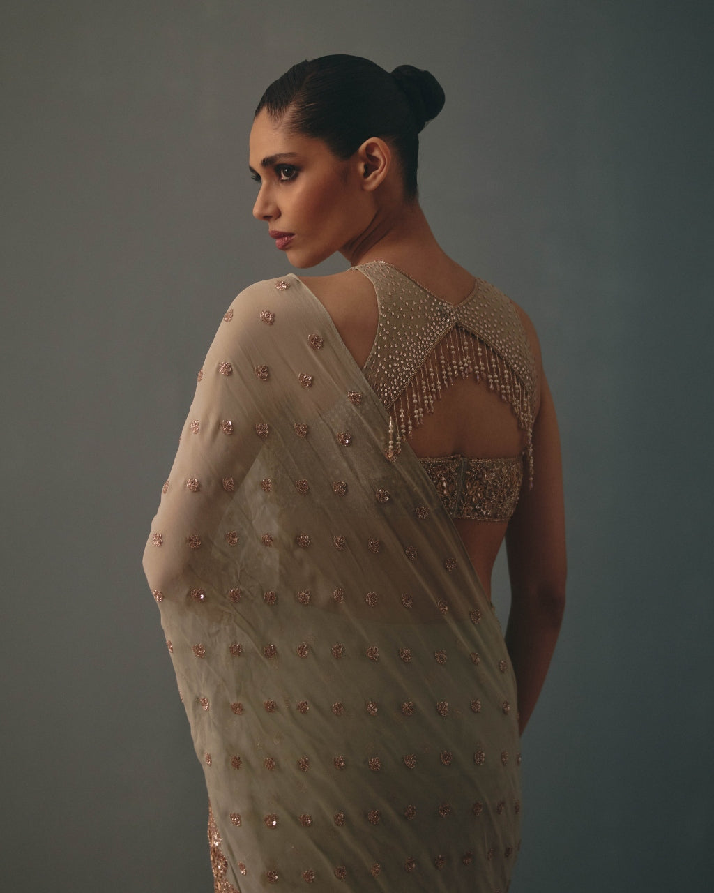 Aqua & Rose Gold Hand Embroidered Sari Set