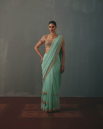 Light Turquoise & Rose Gold Hand Embroidered Sari Set