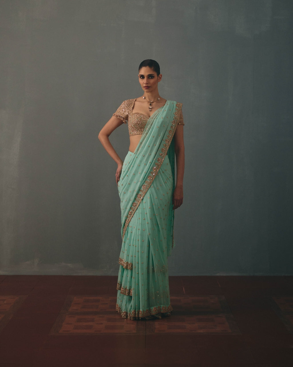Light Turquoise & Rose Gold Hand Embroidered Sari Set