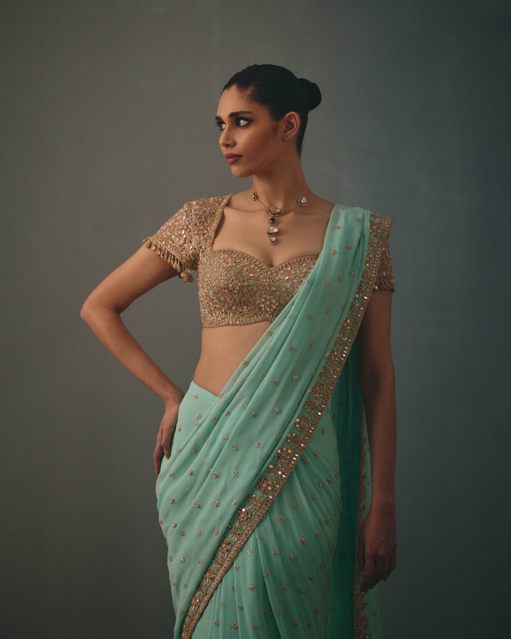Light Turquoise & Rose Gold Hand Embroidered Sari Set