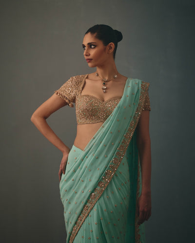 Light Turquoise & Rose Gold Hand Embroidered Sari Set