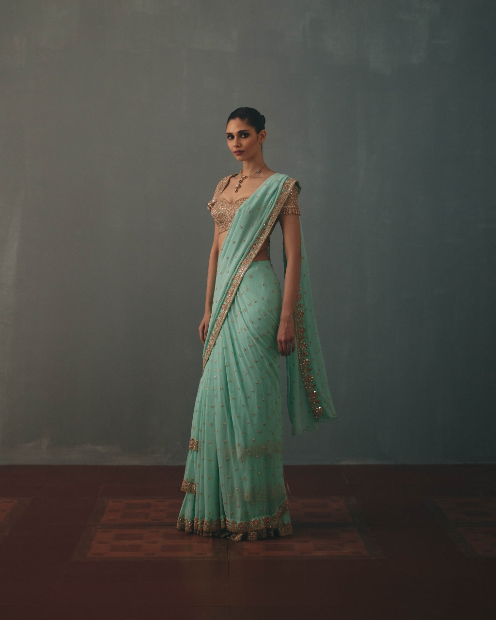 Light Turquoise & Rose Gold Hand Embroidered Sari Set