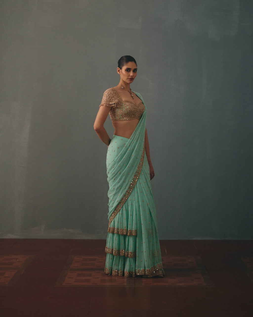 Light Turquoise & Rose Gold Hand Embroidered Sari Set