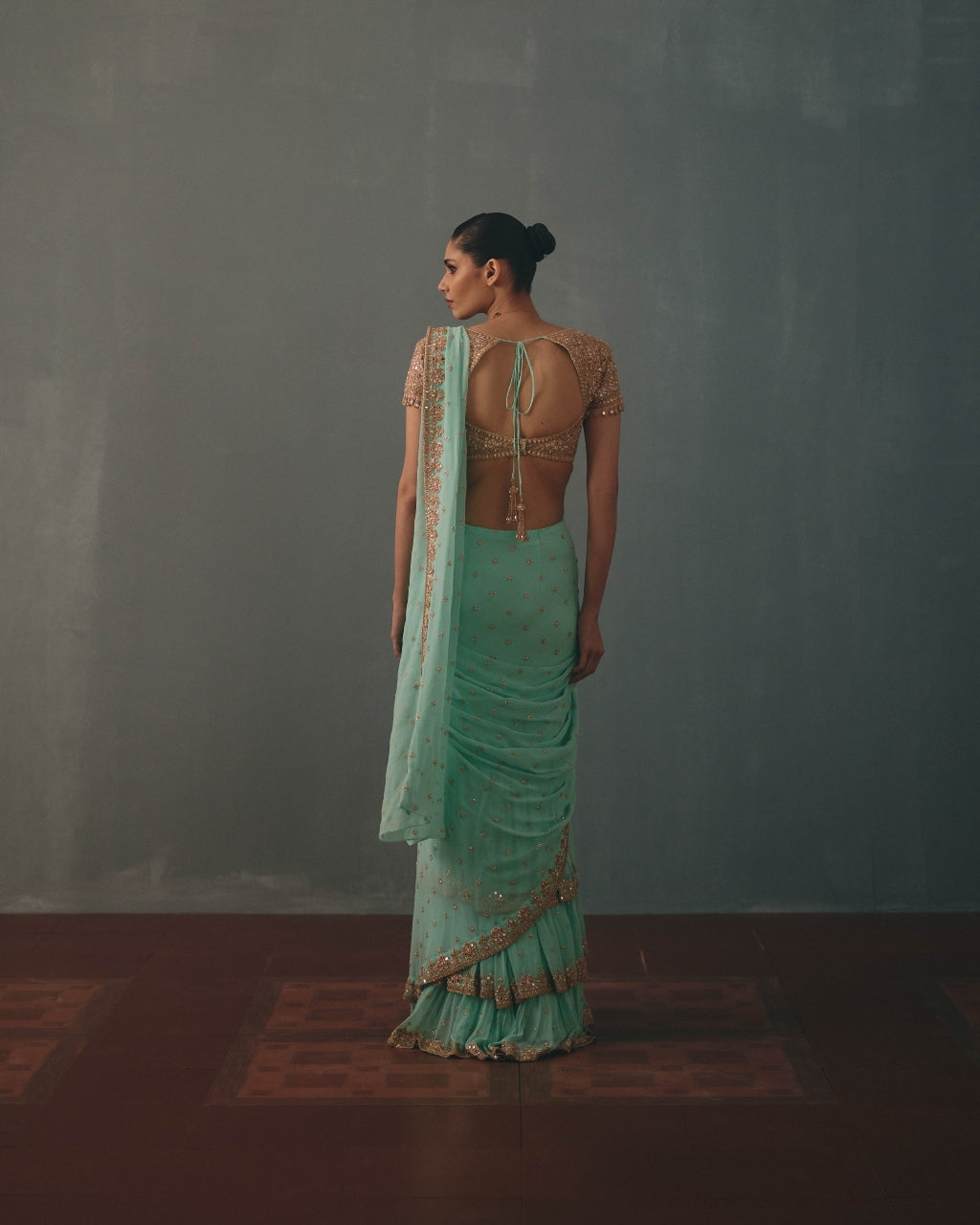 Light Turquoise & Rose Gold Hand Embroidered Sari Set