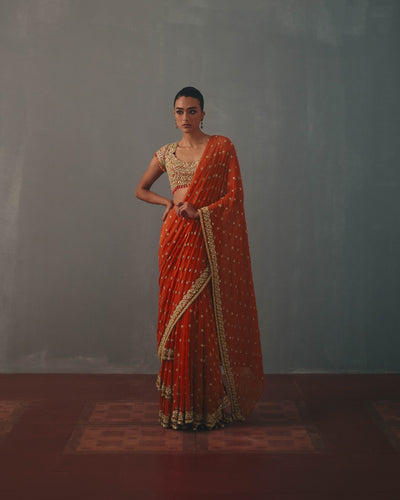 Sindoori & Rose Gold Hand Embroidered Sari Set