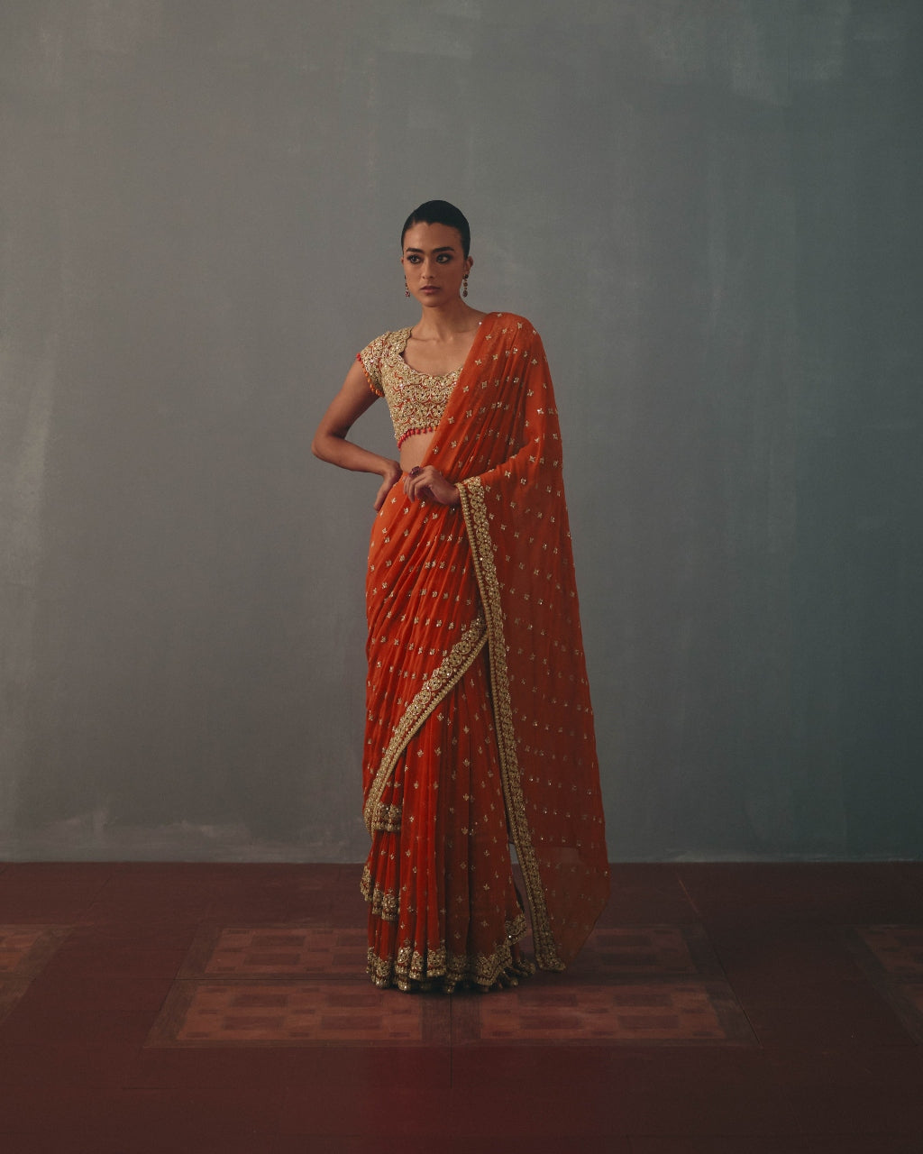 Sindoori & Rose Gold Hand Embroidered Sari Set