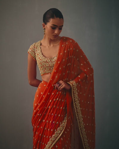 Sindoori & Rose Gold Hand Embroidered Sari Set