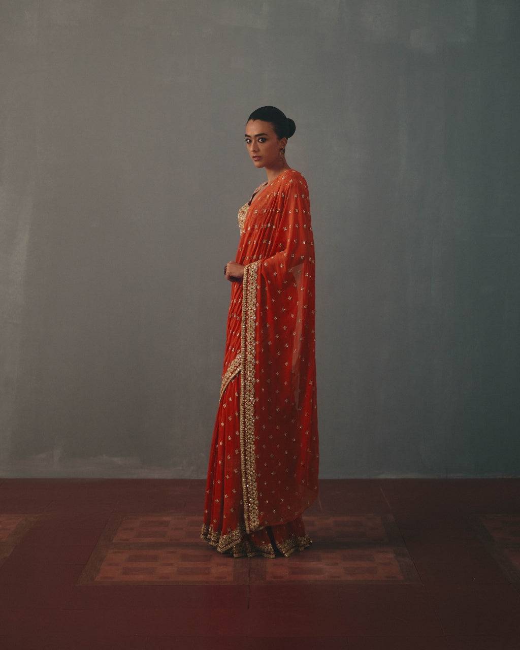 Sindoori & Rose Gold Hand Embroidered Sari Set