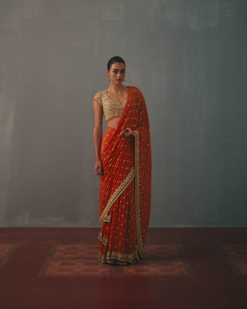 Sindoori & Rose Gold Hand Embroidered Sari Set