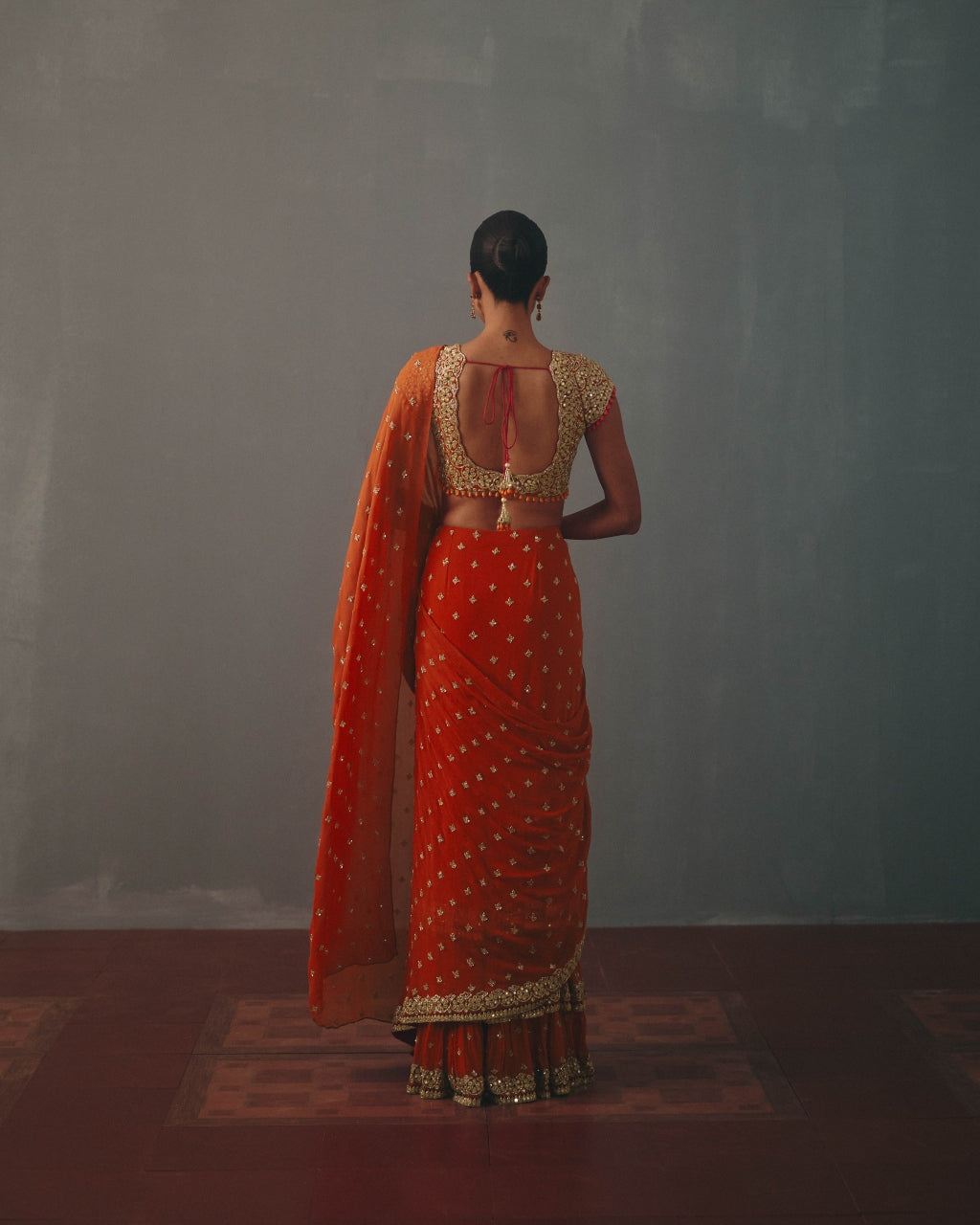 Sindoori & Rose Gold Hand Embroidered Sari Set