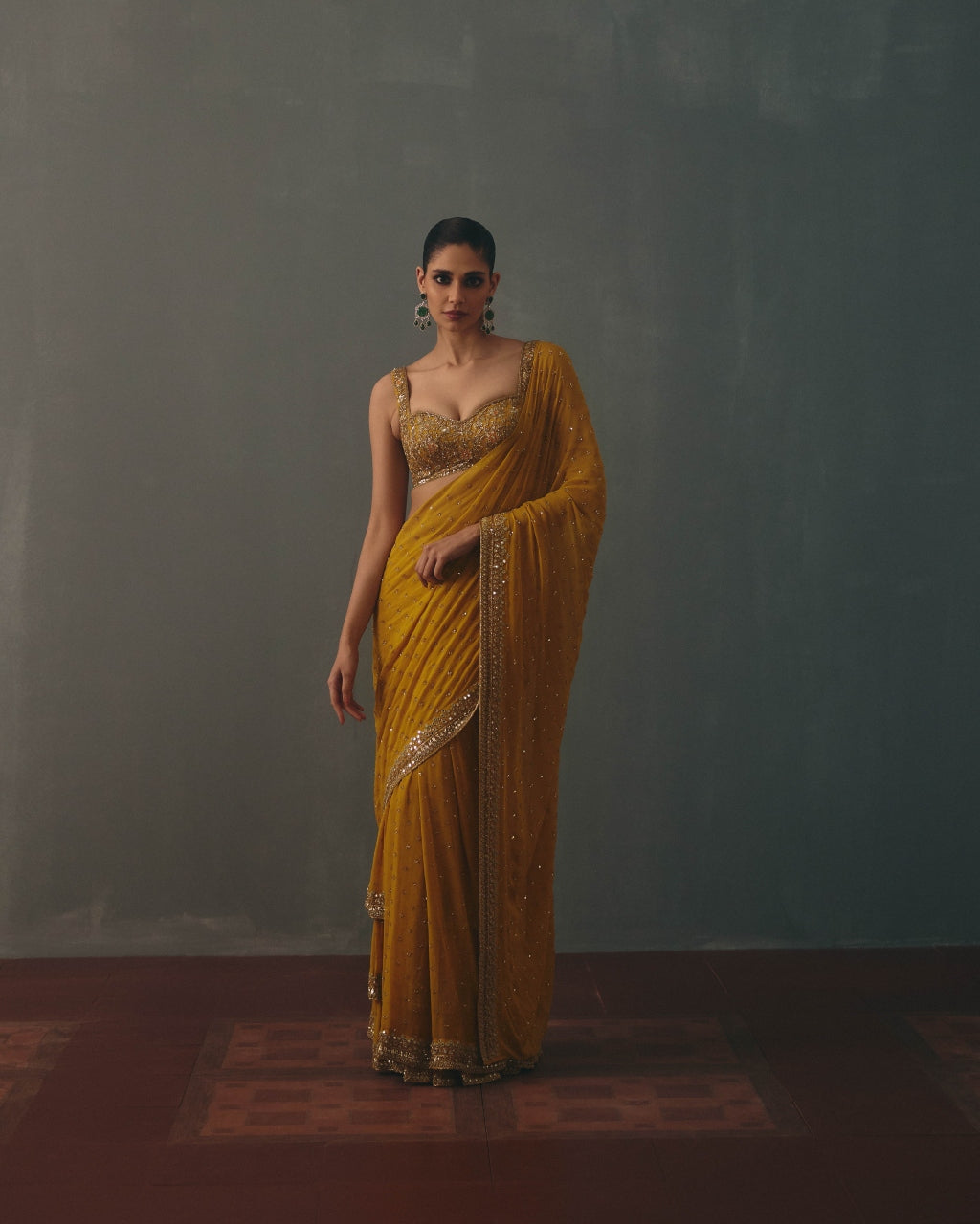 Mustard & Pani Gold Hand Embroidered Sari Set