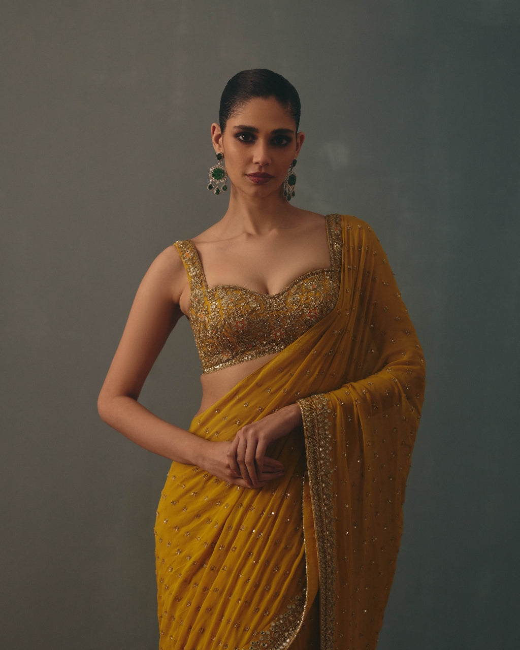 Mustard & Pani Gold Hand Embroidered Sari Set