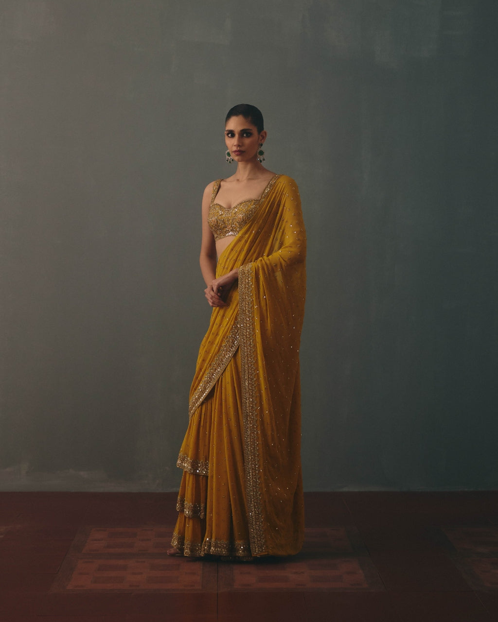 Mustard & Pani Gold Hand Embroidered Sari Set