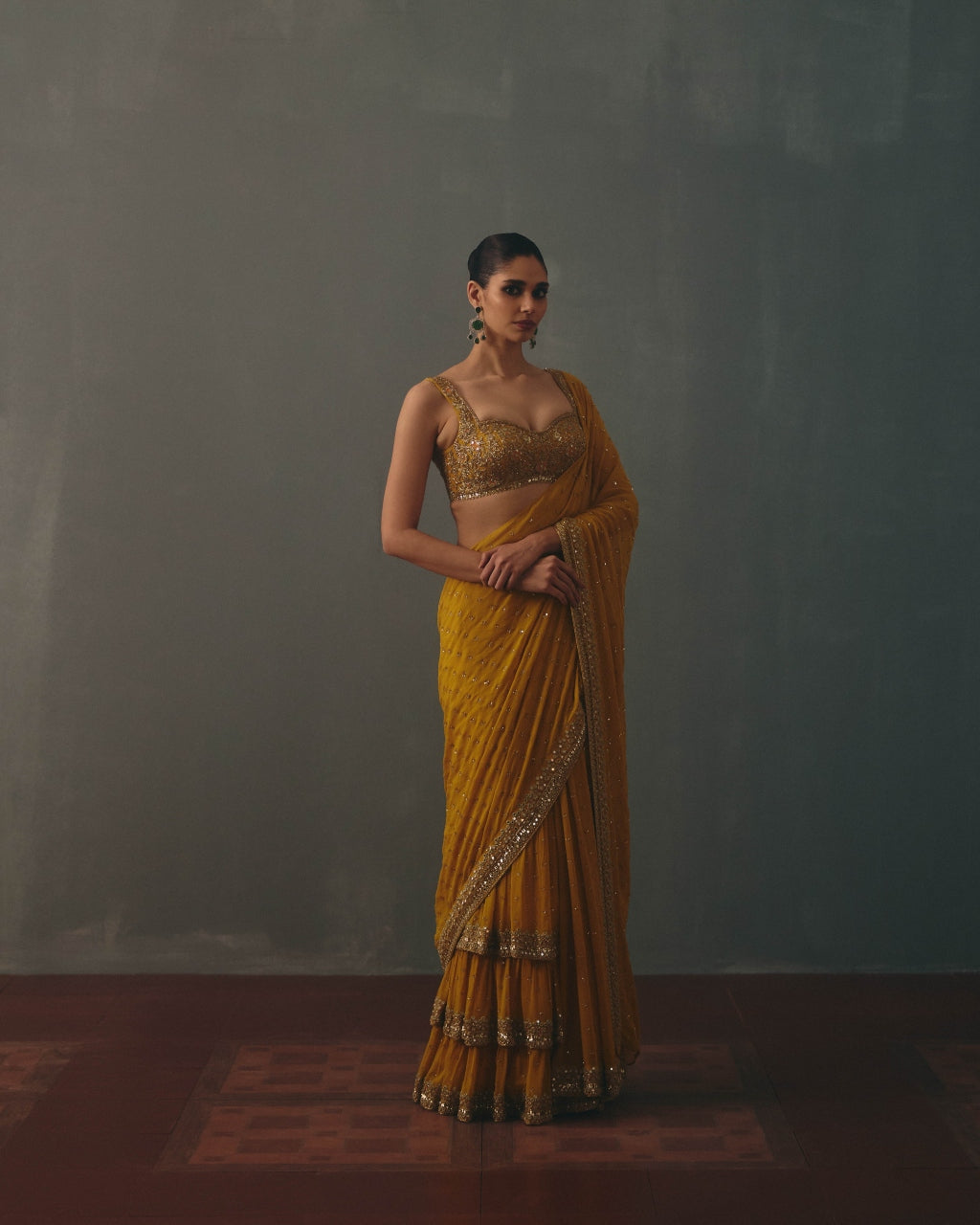 Mustard & Pani Gold Hand Embroidered Sari Set