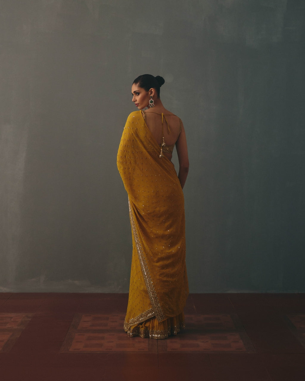 Mustard & Pani Gold Hand Embroidered Sari Set