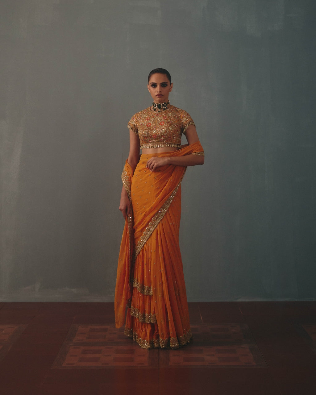 Mango & Pani Gold Hand Embroidered Sari Set