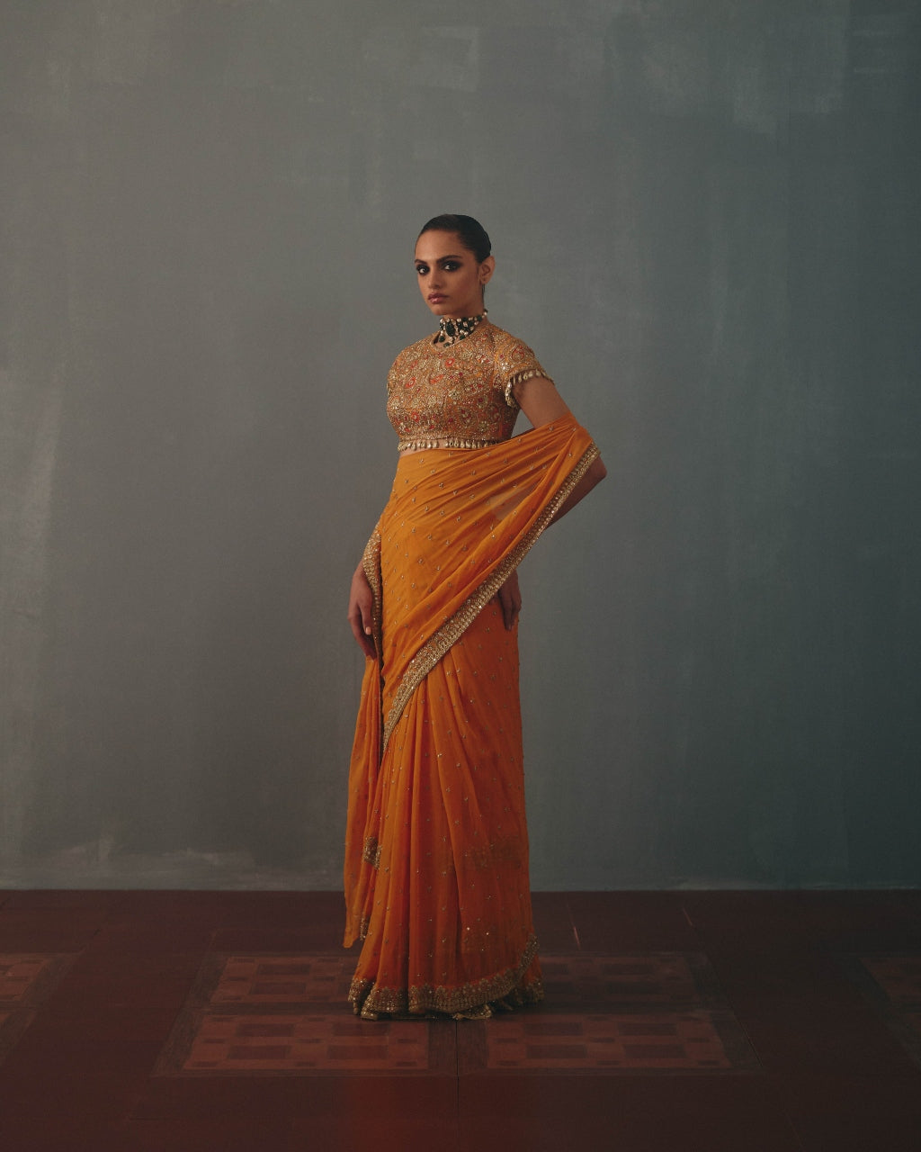 Mango & Pani Gold Hand Embroidered Sari Set