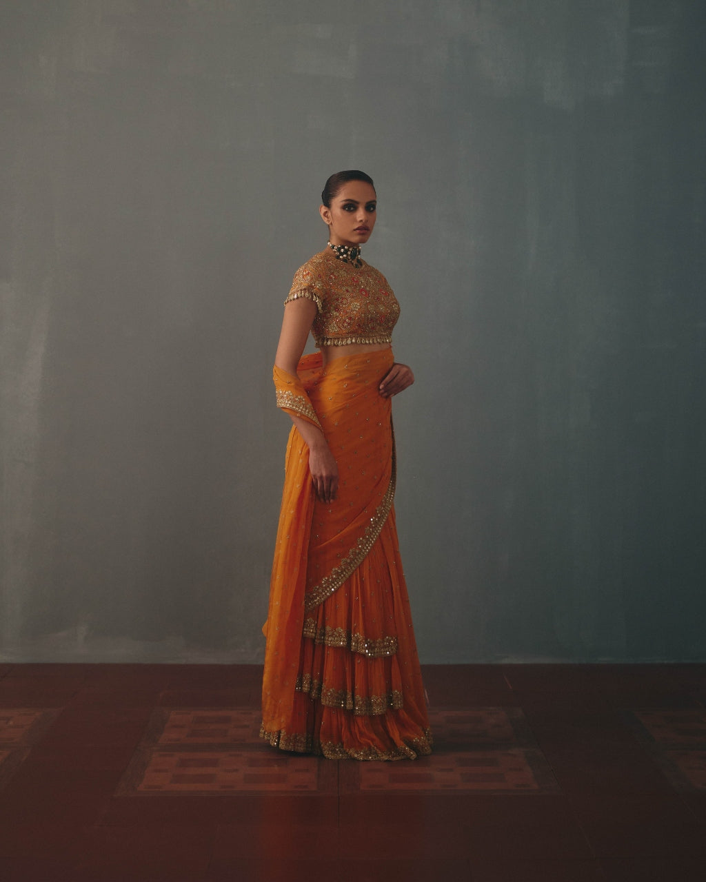 Mango & Pani Gold Hand Embroidered Sari Set