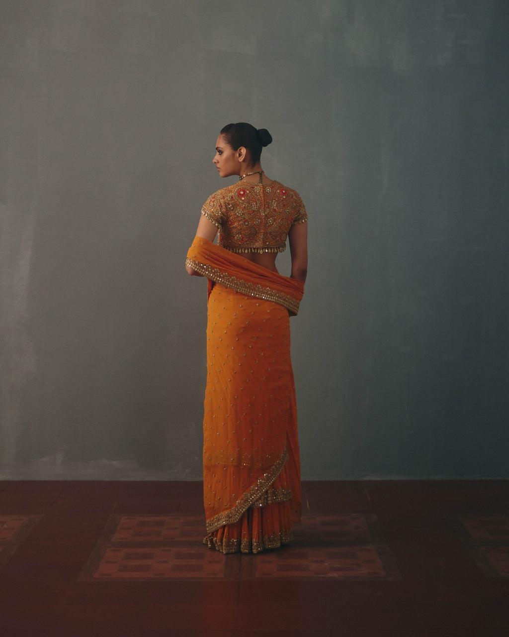 Mango & Pani Gold Hand Embroidered Sari Set