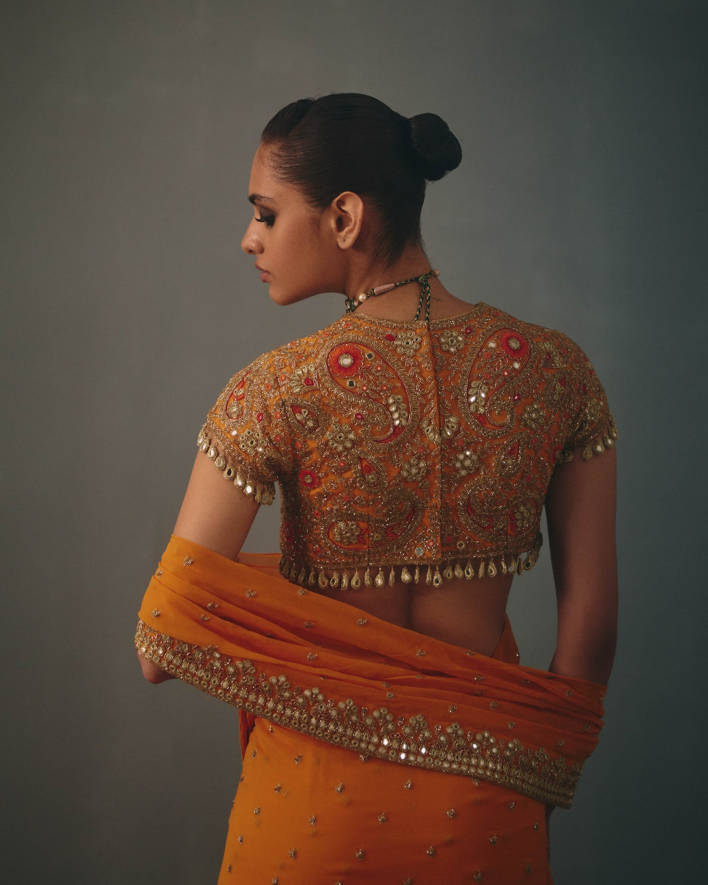 Mango & Pani Gold Hand Embroidered Sari Set