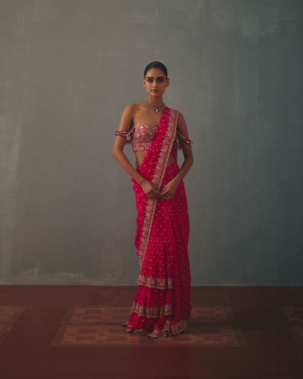 Rani Pink & Rose Gold Hand Embroidered Sari And Corset Blouse Set