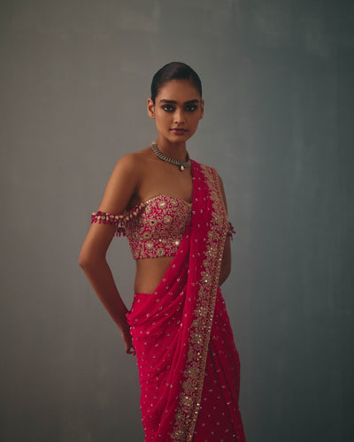 Rani Pink & Rose Gold Hand Embroidered Sari And Corset Blouse Set