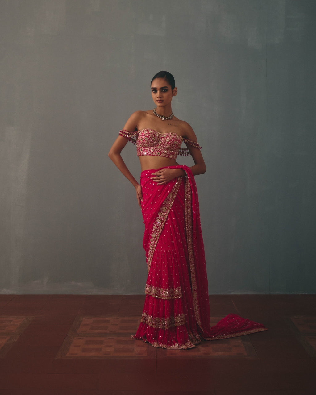 Rani Pink & Rose Gold Hand Embroidered Sari And Corset Blouse Set