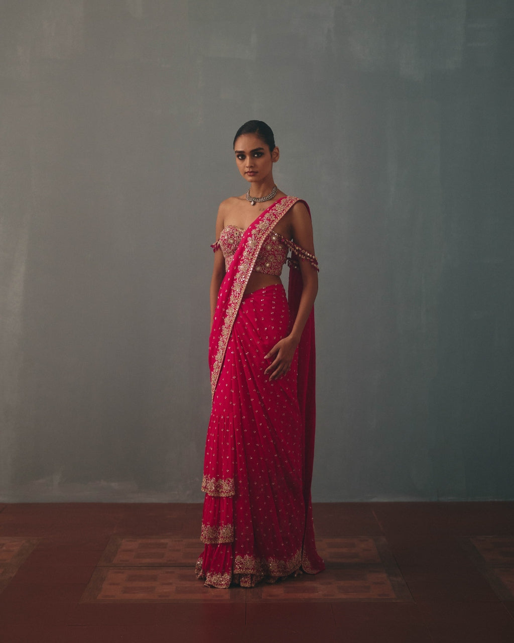 Rani Pink & Rose Gold Hand Embroidered Sari And Corset Blouse Set