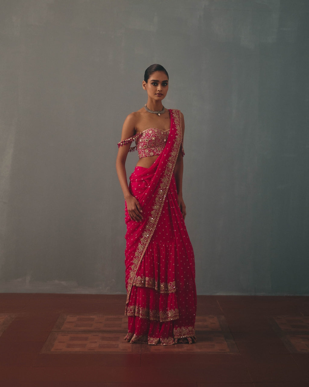 Rani Pink & Rose Gold Hand Embroidered Sari And Corset Blouse Set