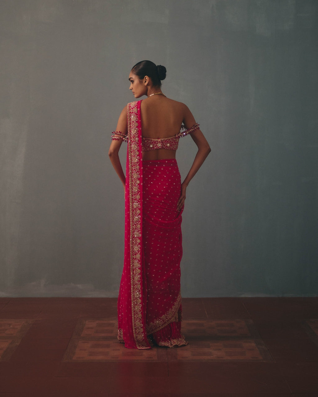 Rani Pink & Rose Gold Hand Embroidered Sari And Corset Blouse Set