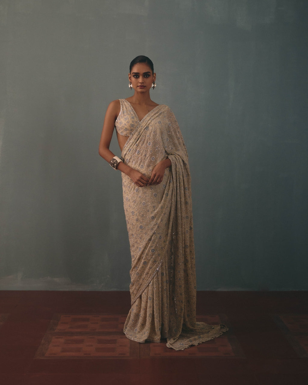 Coconut & Dust Pink Shaded Hand Embroidered Sari Set