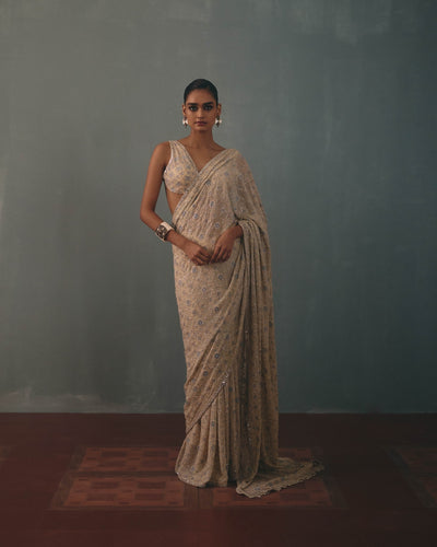 Coconut & Dust Pink Shaded Hand Embroidered Sari Set