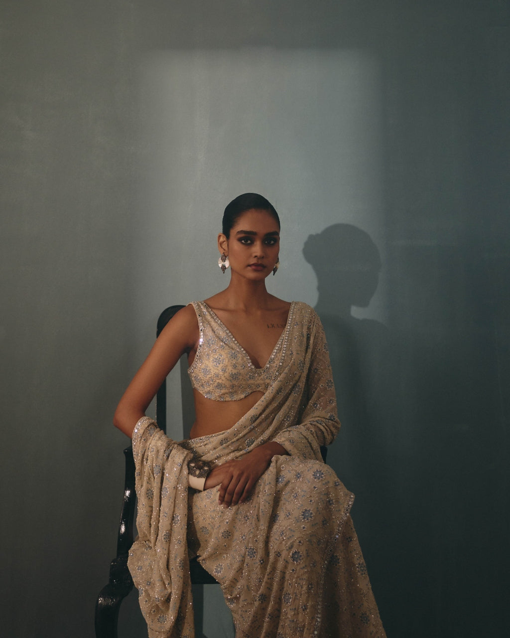 Coconut & Dust Pink Shaded Hand Embroidered Sari Set