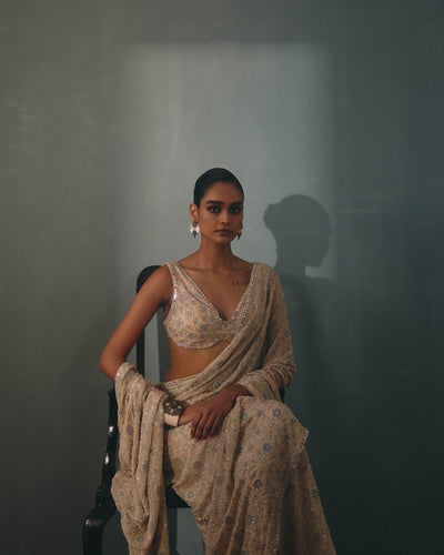 Coconut & Dust Pink Shaded Hand Embroidered Sari Set