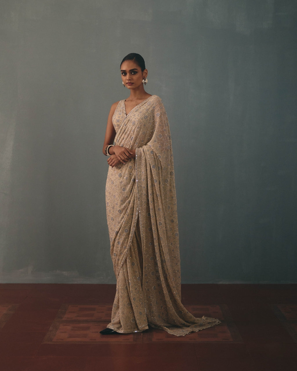 Coconut & Dust Pink Shaded Hand Embroidered Sari Set