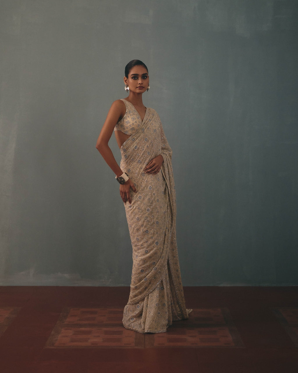Coconut & Dust Pink Shaded Hand Embroidered Sari Set