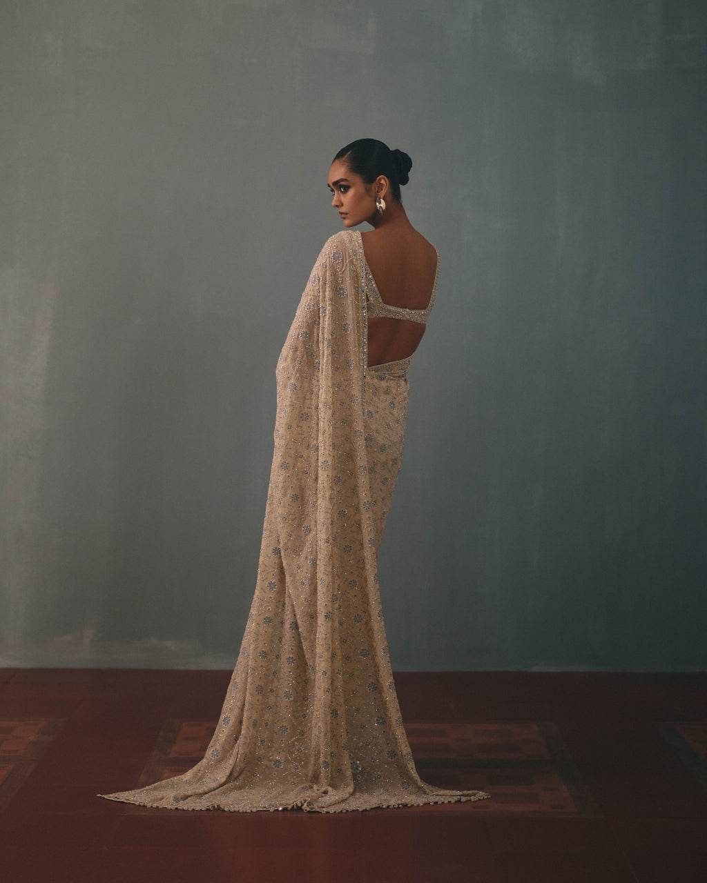 Coconut & Dust Pink Shaded Hand Embroidered Sari Set