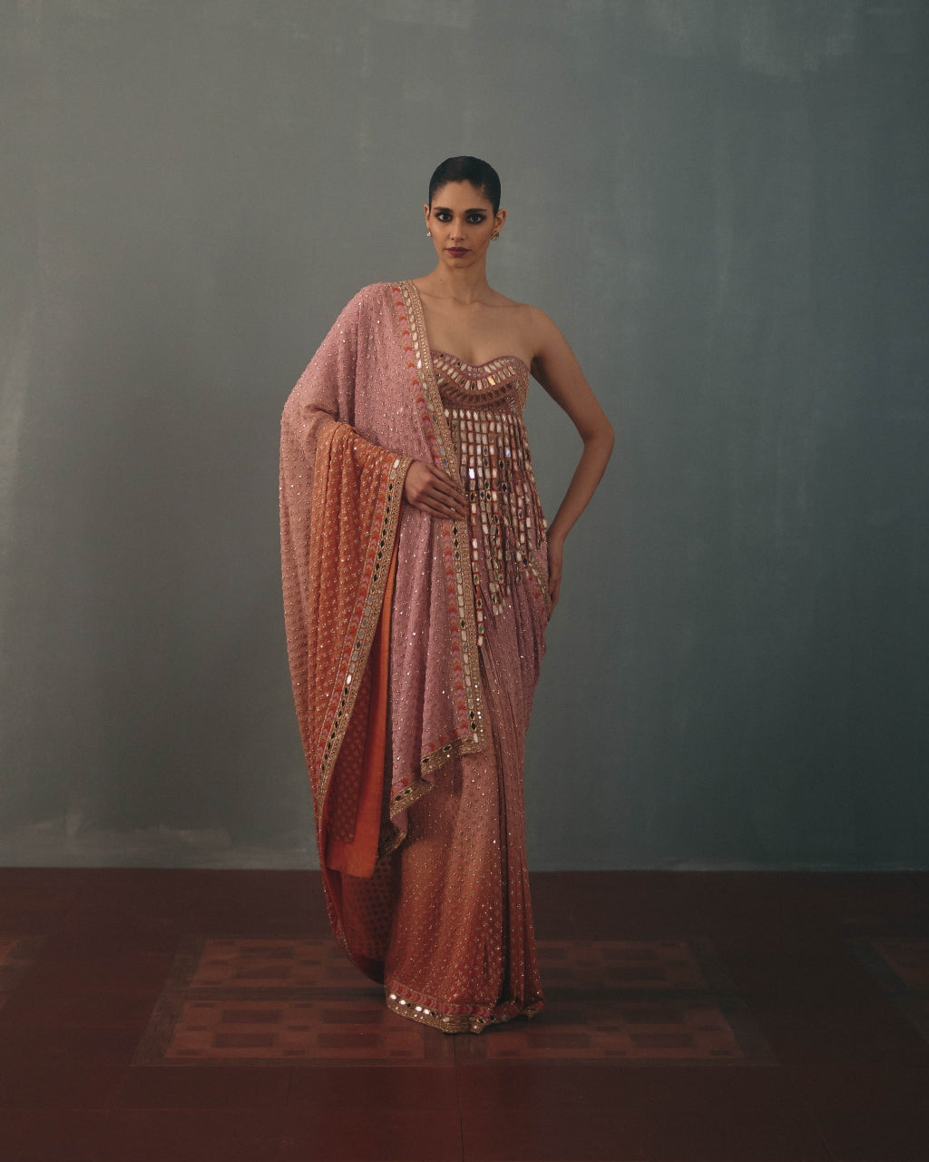 Baby Orchid & Peach Shaded Hand Embroidered Sari & Blouse With Tassel Detailing