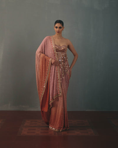 Baby Orchid & Peach Shaded Hand Embroidered Sari & Blouse With Tassel Detailing